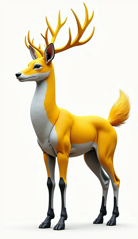 An infographic of hybrid animal resulting from crossing a deer and a fox fusion concept design, future space design futuristic,yellow and grey color pallete, detail information, in white background, intricate detail information. 