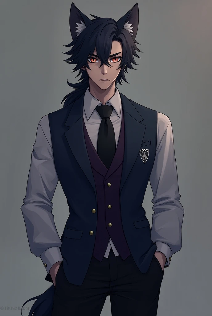 Bloodborne vampire-werewolf hybrid high school uniform grey and dark blue and purple with school logo sown on vest with button up and vest and blazer black pants male animation