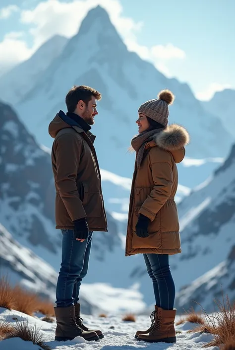 Two couple staring at each other at top of mountains
