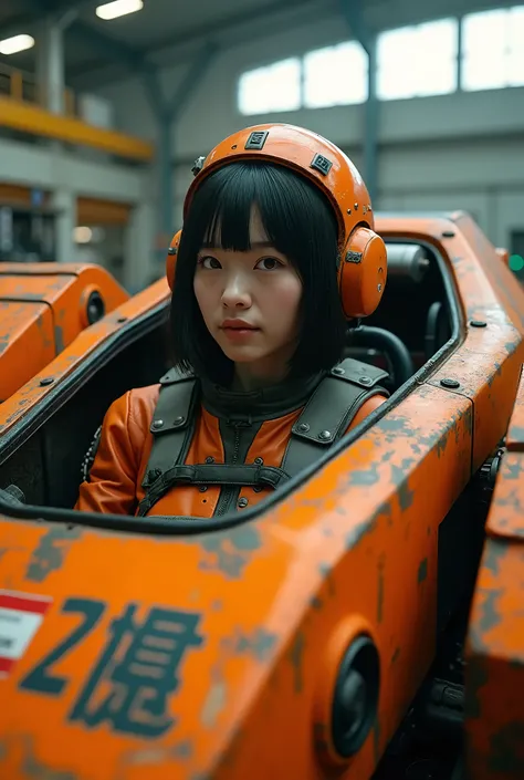 ８ｋ,Realistic skin texture、Superrealism、Realistic photo、A Japanese female pilot sits in a cockpit installed in the chest of a large robot.、Black Hair、Bobcut、Beautiful woman、Orange combat armor robot、Straight line, rugged design、Cyberpunk、Unit Paint and Iden...