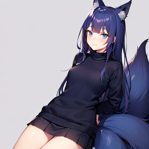 (( Kitsuné girl adult )),long blue hair, blue fox ears , navy blue eyes, dark blue sweater, short blue skirt, black boots,mature adult purple ,  small almost invisible smile ,  red lips, piel Blanca, high, (( 10 blue fox tails back)),(( high quality , 4k))