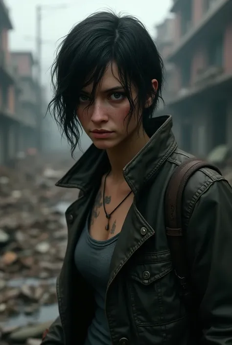 A character from The Last of Us with short, black hair, gray eyes and tired woman 
 