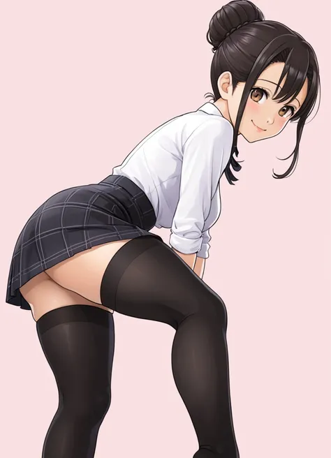 Show entire body, feet in view, An anime-style Mizuhara Chizuru, hair in a bun, wearing a tight skirt, black stockings, smiling, bending over touching her toes