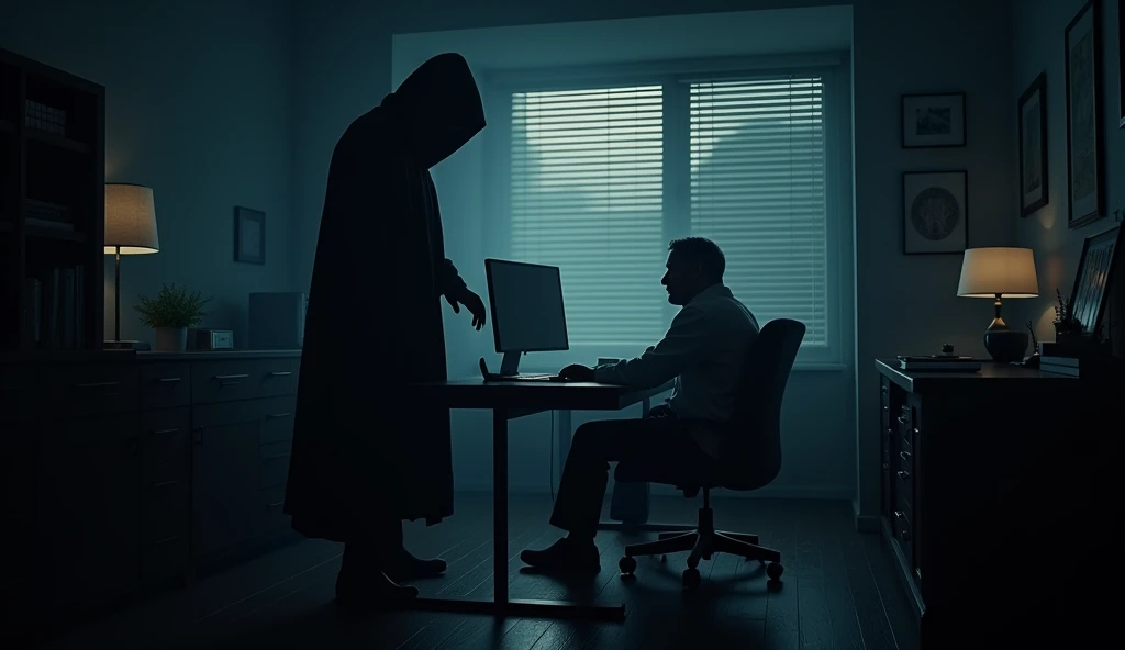 "A mysterious figure approaches Greg at his desk in the middle of the night, seen from behind. Greg looks startled and uncomfortable as he listens to the strangers strange request. The scene is shadowy, with dim lighting and ominous undertones in the atmos...