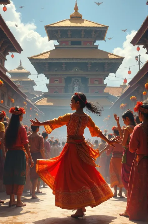 Picture of newari girl playing damaha,Hindu temple,indra jatra,lakhe dance,Kumari ,people all wearing newari dress,dancing people with newari dress 
