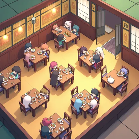 Bird&#39;s-eye view，Japanese restaurant，Neatly arranged，Some cute cartoon characters are eating inside， game scene ， conceptual art，3d cartoon，Warm lighting， (masterpiece, best quality), 8k,(((Very detailed)))