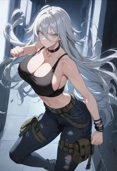  sovetsky_Soyuz, grey hair, long hair, black tank top, tight black jeans, tactical belt, bracelets, midriff, loose jacket, thong lace, choker, tactical, pouches, Cleavage, large breasts, first rate breasts, grey eyes, sharp eyes, Long eyelashes, eye shadow...