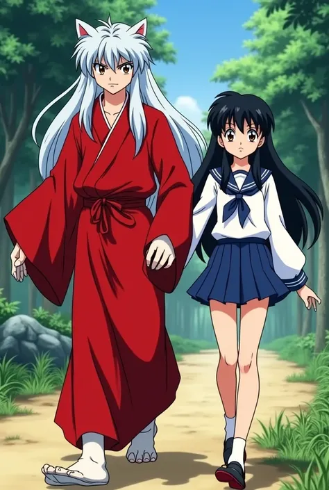 Inuyasha wears a red robe and walks with a hairy schoolgirl dressed in school clothes 