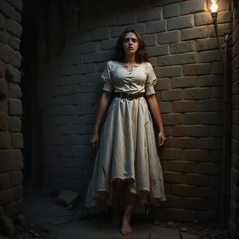 female next to wall, prison, brown hair, white peasant dress, wide leather belt, human face and body, make effort, dripping puss...