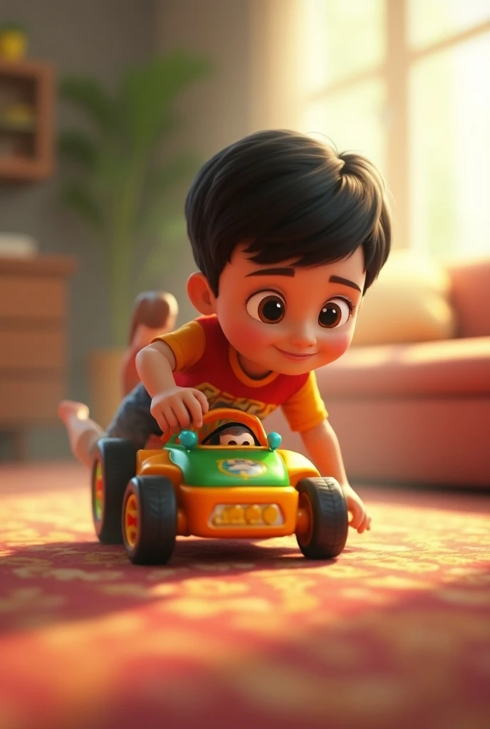 Scene 5: Usmaan racing his toy car.

Image Prompt: "A blurred background of a living room with a  boys hand moving a toy car across the floor, motion blur, vibrant colors."animated 3 D 