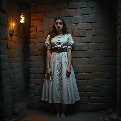 female next to wall, prison, brown hair, white peasant dress, wide leather belt, human face and body, make effort, dripping puss...