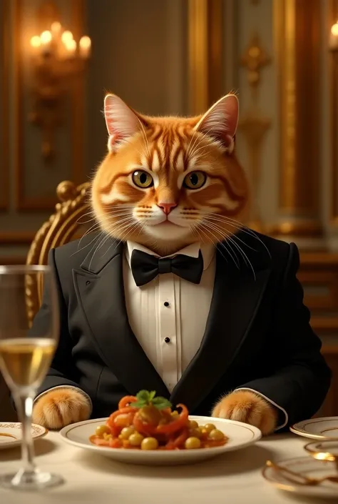 A rich orange cat with black suit is eating dinner in a golden palace 