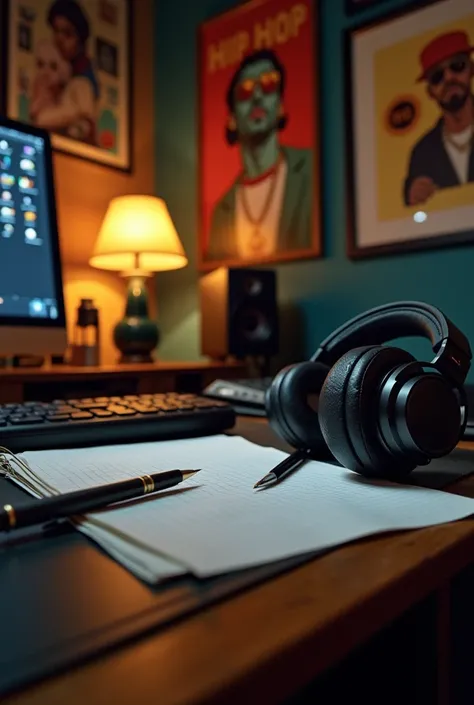 make a portrait wallpaper of a room hanging hiphop pictures and focusing on pen paper mike and headphones in it