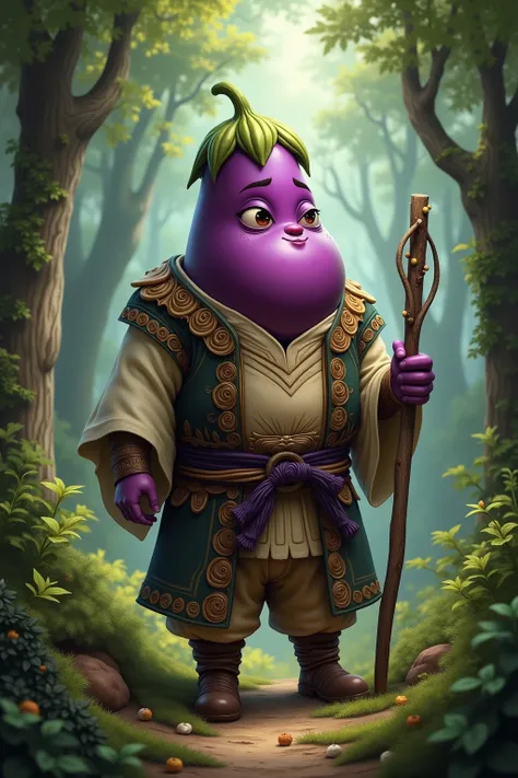 The head of a wild eggplant smiles, big beautiful eyes, a human body in the shape of a man, with a forest background in his hand, a clothes stick from ancient times