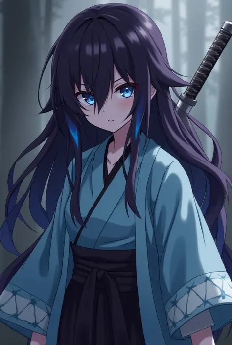 Dark purple long hair that hides the waist 　Black and blue hair　 turn a section of ones bangs blue blue blue with blue highlights on the bangs　 part of the bangs is light blue 　Dark Eyes　Sharp, Cool Eyes 　Light blue haori coat　Blue coat with white triangul...