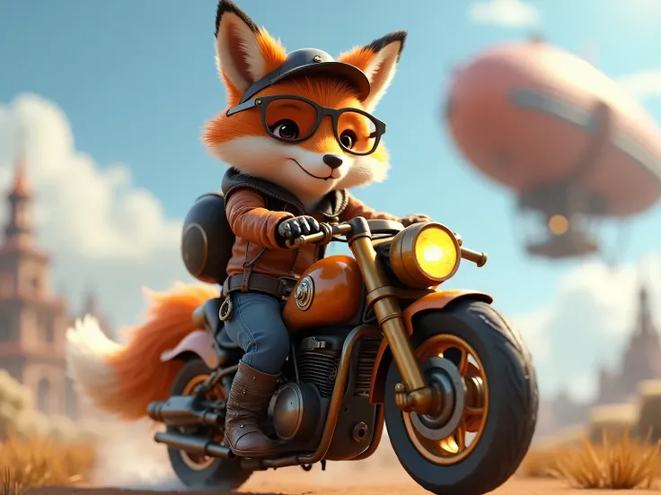 Footage from a 3D computer video game, Made on Unreal Engine 5, Running on GeForce RTX 4070 Ti SUPER VENTUS 3X OC 16G, Anthropomorphic fluffy cute fox on a steampunk motorbike, steampunk technology fox motorbike rider, Dressed in steampunk style, steampunk...