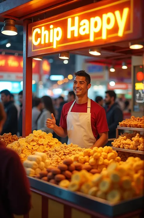 Banan chips and halwa and snacks stall at exhibition name board as “CHIP HAPPY” cristiano ronaldo as sales boy