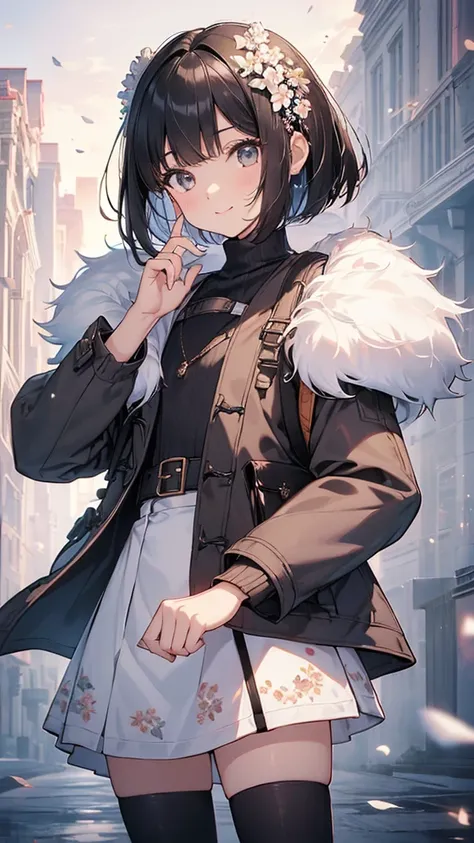 Best Quality,  official art, masterpiece,(1 person:2.0), Neutral Mens ,( flat chest:1.3),(7 heads), Black Hair ,(Bob Cut Hair),( knitted sweater ),(Floral flared skirt:1.2),( duffle coat with white fur:1.3),(pantyhose),  Detailed Fabric Texture ,noon,SHORT...