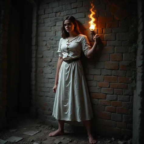 female chained next to wall, prison, brown hair, white peasant clothes, wide leather belt, human face and body, make effort, dri...