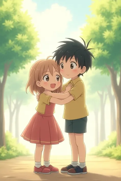 anime, happy, 1 chico, 1 girl, side by side, hugging each other on the side ,  girl with short hair disheveled ,  boy with semi-long hair , white-skinned,  girl a little shorter than the boy