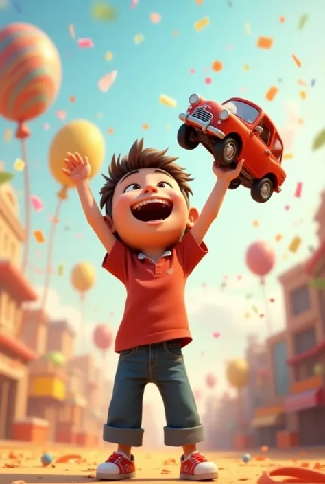 Scene 6: Usmaan victorious.

Image Prompt: "A  boy standing with arms raised, holding a toy car, big smile, confetti or balloons in the background, bright colors, shallow depth of field animated 3 D 