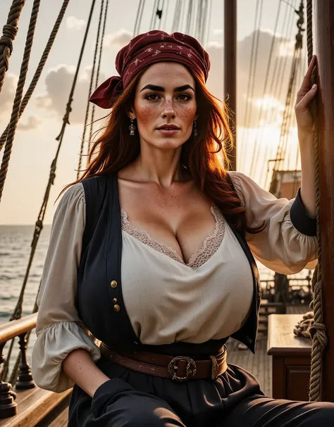 Photorealistic, cinematic style, a picture of a beautiful British woman in a sailing ships mast, shes wearing a sailor outfit from the age of exploration, oversized white blouse, open vest, baggy trousers, sash, pirate bandana wrapped around her hair. Shes...