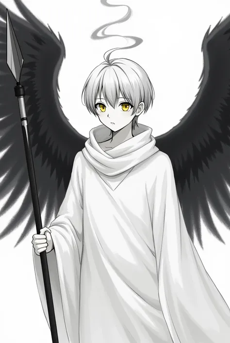 (anime image) Male angel with black wings and a bit of black smoke coming out of the wings, white skin, young, short gray hair, yellow eyes, white cloth covering around his waist and head revealing only his face, holding a spear, colorless pencil strokes o...