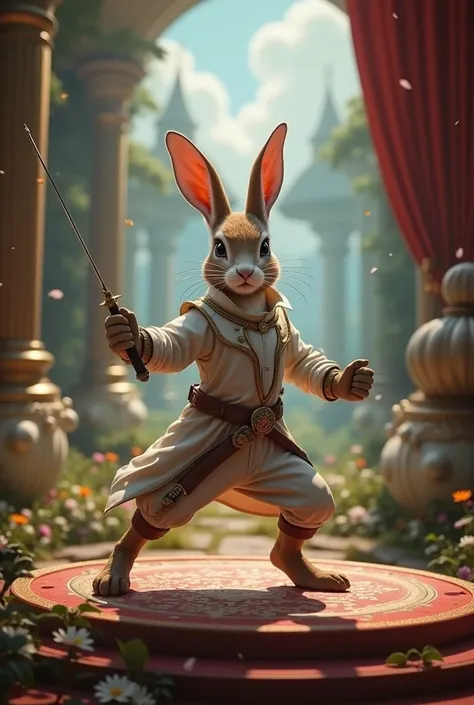 (masterpiece, best quality: 1.2), rabbit , (( fencer)), ((fencing)),fantasy,（（masterpiece full of fantasy elements）））， （（best quality））， （（Intricate details））（8k）,on the stage
