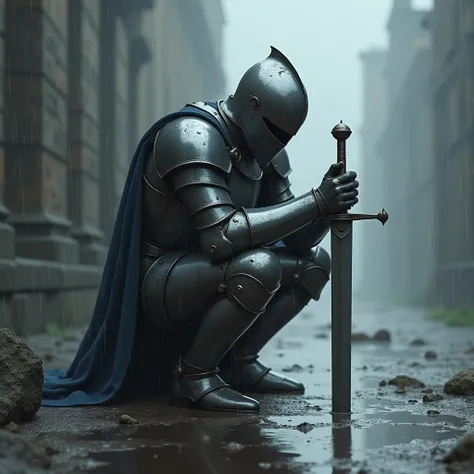 "A knight in full armor, kneeling in the pouring rain. His armor gleams with fine metallic details, reflects a strong and burdened impression. The surrounding environment is foggy and gray, creating a gloomy and melancholic atmosphere. Rainwater reflects i...