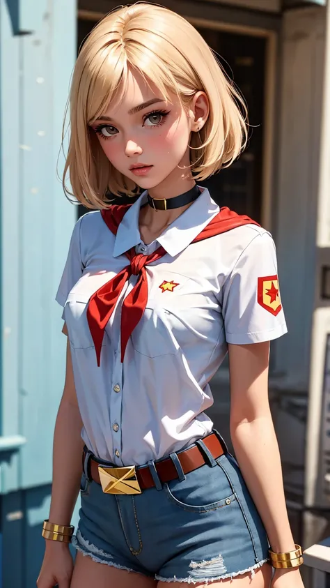 Soviet pioneer girl-model, Italian facial type, so pretty, too much tanned, blonde hair, bob hairstyle, straigt bangs, brown eyes, dimpled cheeks, beautiful figure, girl wearing crop t-shirt with short sleeves and white sexy denim short shorts with belt, b...