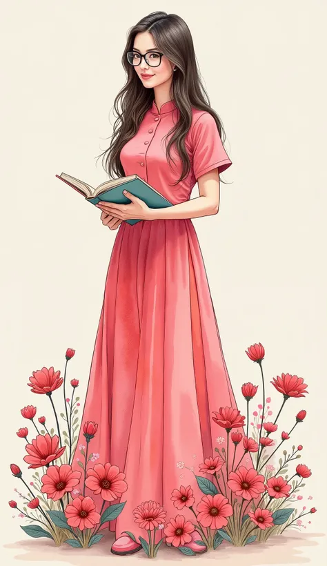 vietnammese woman teacher 22 years old, 3/4 shot, with gorgeous eyes and skin, smiling, wear glasses, long brunette hair with blonde highlights, in class, hand holding book, Ao Dai Pink dress. best quality, masterpiece, official art, watercolor painting,(s...