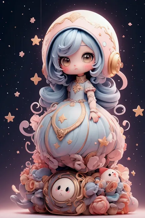 Quirky and very kawaii character by nicoletta ceccoli and Sam Toft, Little Tiny Star , flowing through the night sky in a swirl of tiny stars, a magical costume never seen before,.

 chibi style, niji style, dreamy, fantasy, unique,.

WLOP, masterpiece, su...