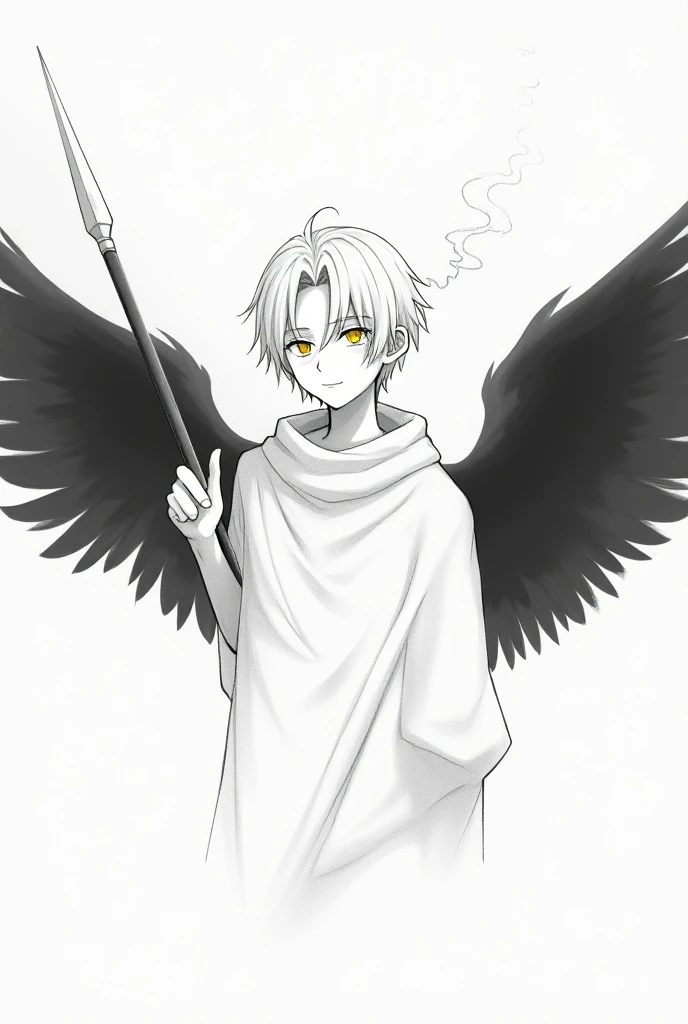 (anime image) Male angel with black wings and a bit of black smoke coming out of the wings, white skin, young, short gray hair, yellow eyes, white cloth covering around his waist and head revealing only his face, holding a spear, colorless pencil strokes o...