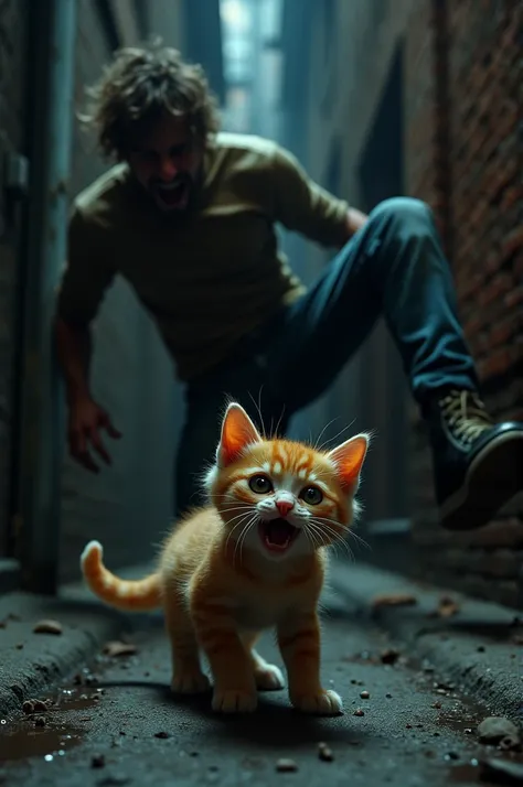 Realistically create a 4k orange kitten being kicked by a drunk man, the cats face looks like it is crying and screaming in pain, the background is a narrow alley, nighttime, dim light.