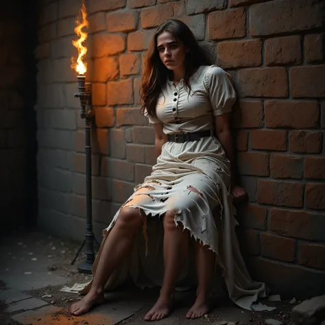 female sitting next to wall, legs stretched, prison, brown hair, white peasant clothes, wide leather belt, human face and body, ...