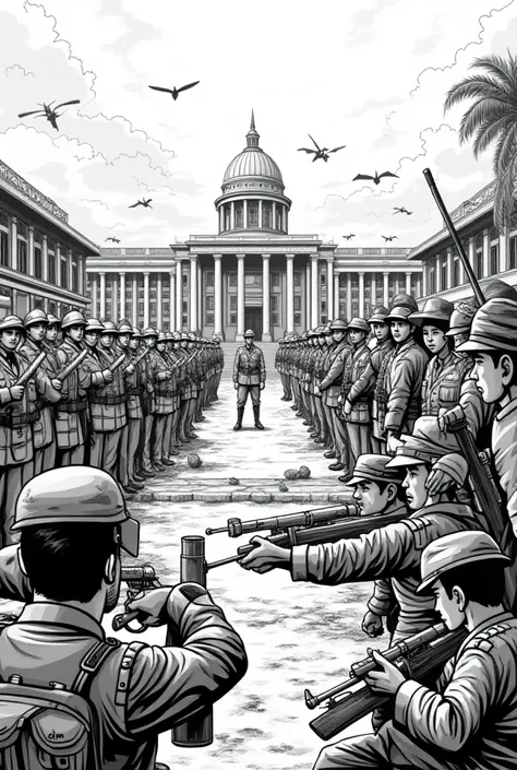 Make a comic style (drawing black and white) about The Japanese Occupation and the Second
Philippine Republic (1943 Constitution)