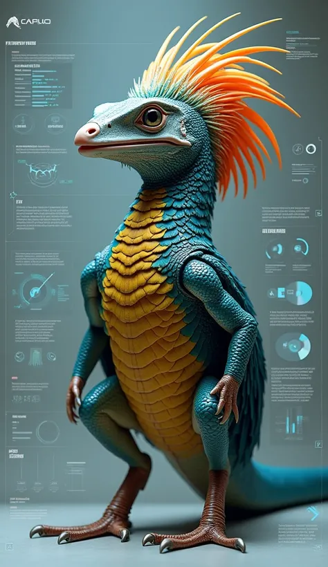 Future evolution hybrid animal, in infographic data, feathered reptile