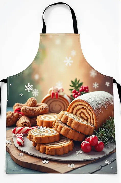 Create a Christmas cooking apron with Christmas desserts in the background