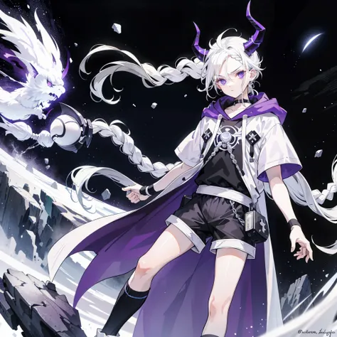 boy,  thoughtful look open forehead .  white hair braided in a ponytail on the left side .  winding horns wrapped .  black and purple eyes .  in short white shorts .  long white t-shirt . knee-high socks .  white long cape with hood .  stone walls moon glo...