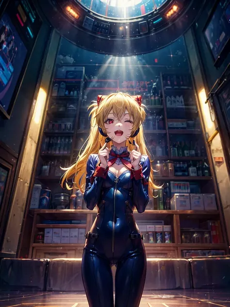 (Overhead view),dynamic angle,ultra-detailed, illustration, close-up, straight on, 1girl, 
 ((souryuu asuka langley, interface headset, red bodysuit:1.4, blonde)),Her eyes shone like dreamy stars,(glowing eyes:1.233),(beautiful and detailed eyes:1.1),(expr...