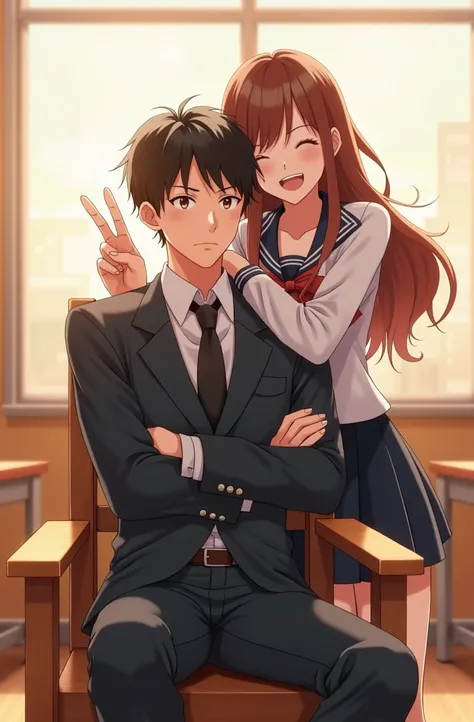  Create an anime-inspired scene of a handsome young man in a stylish, Korean-style high school uniform, complete with a blazer, white shirt, and tie. He is seated in a wooden chair, looking exhausted and a bit reluctant, as if he was forced to sit there, h...