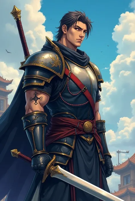 (( better quality)), (( masterpiece )), ((DETAILED)), (( High definition )) a medieval swordsman soldier in anime style . Isekai and science fiction anime style. On his left hand he has a tattoo of a black sword.