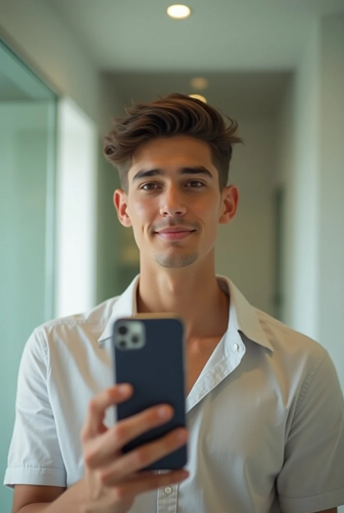 Handsome boy tak a selfie with phone 
in front of mirror and one hand 