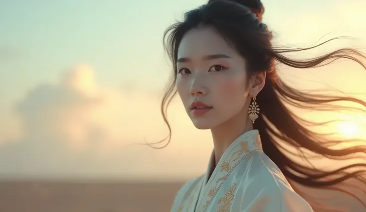 Create a serene, cinematic portrait of a young Chinese woman with an ethereal beauty, standing against a soft sunset sky. Her expression is calm and introspective, with a gentle look in her eyes, reflecting a sense of quiet strength and elegance. She wears...