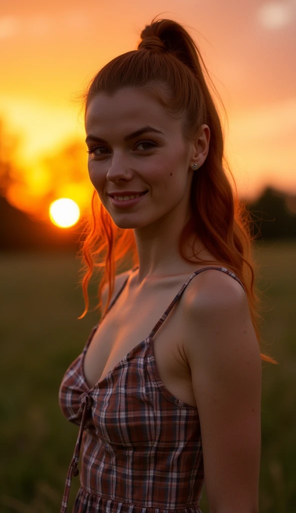 intense sunset, sony a7iii, kodak portra 400, dof 85mm, a beautiful redhead european woman, high ponytail hairstyle, onlyfans ph...