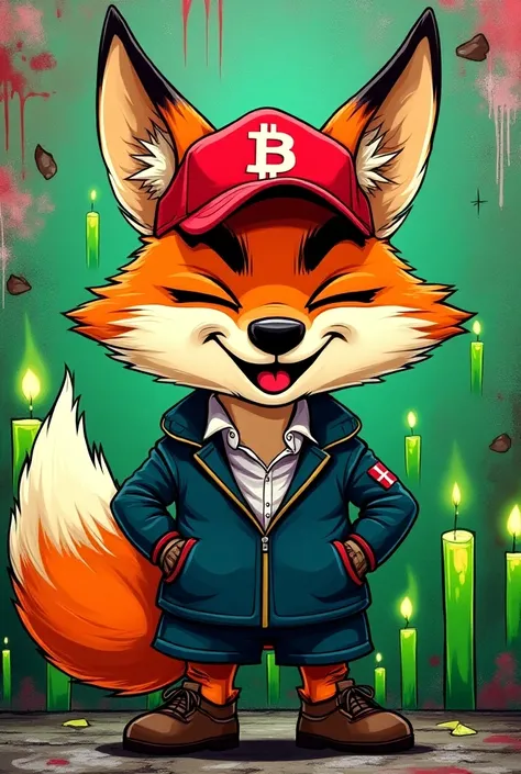 dagobert duck, street art, grafitty, monogram, cool, ganster, funny degen, @gigachat Draw Photo 2 : 3 of a detailed ,  joyful Degen fox like Elon Musk wearing Donald Trumps campaign  ((red ))  cap amid the green candles of the growing cryptocurrency schedu...