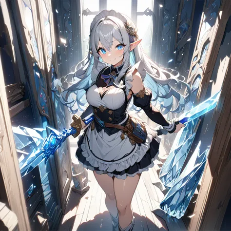 (masterpiece)、( best quality)、( high resolution on down)、 (((Giant Ice Sword))),( with the tip of the sword facing the front )、Brandishing a Great Sword、(とてもbeautiful:0.9)、(とてもcute:0.9)(((masterpiece))),  ((super detailed)),  Very Delicate Light , finely  ...