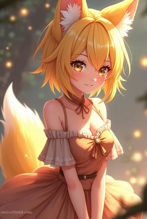 Blonde Anime fox girl unique short hairstyle with tan skin