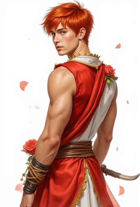  watercolor style 、digitalart、 Very Handsome Man  、Short red hair, Golden eyes,stand,Very white ,Super cute guy ,to reveal、Real Thai mix Korea ,, twenty years old, dummy, thick, very big muscles, Bright white background ,ใส่ชุดสีแดงทองขาวใส Arabian Warrior...