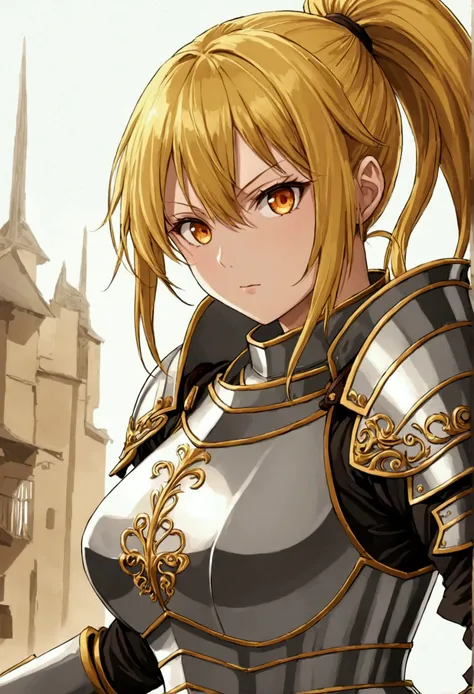 ((Anime girl)), ((Ponytail)), ((Yellow hair)), (Orange eyes)), ((Swordswoman)), ((Armor),